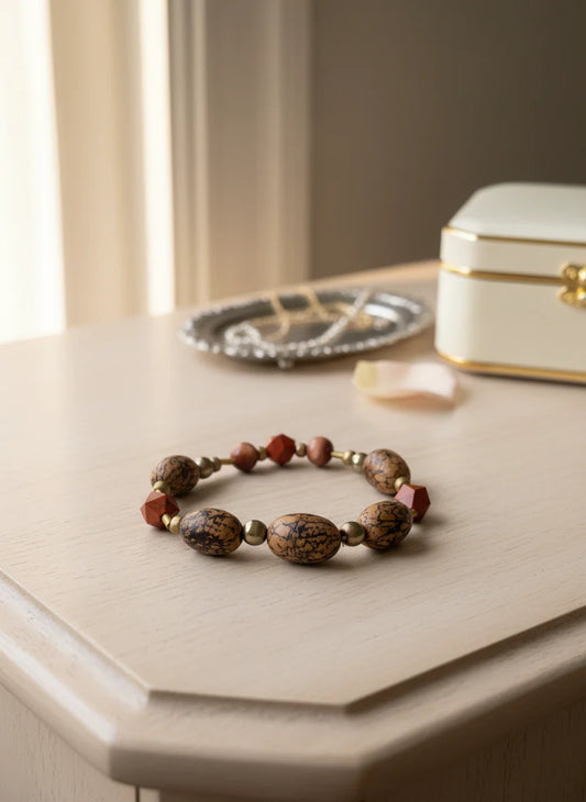 Red Jasper & Burlywood Mala Wood Bracelet
