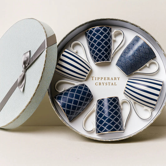 Tipperary Crystal Set of 6 Bone China Mugs - Blue Stripe