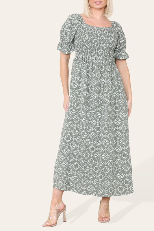 Ditsy Geometric Floral Bardot Maxi Dress - Khaki