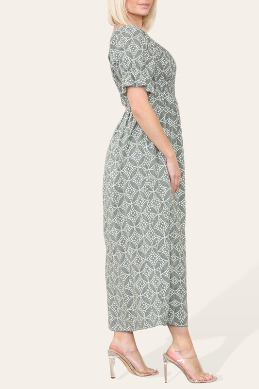 Ditsy Geometric Floral Bardot Maxi Dress - Khaki