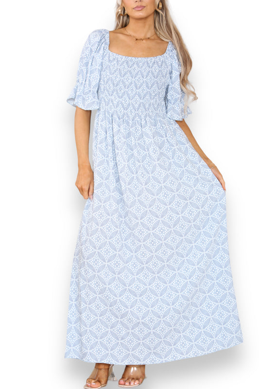 Ditsy Geometric Floral Bardot Maxi Dress - Light Blue