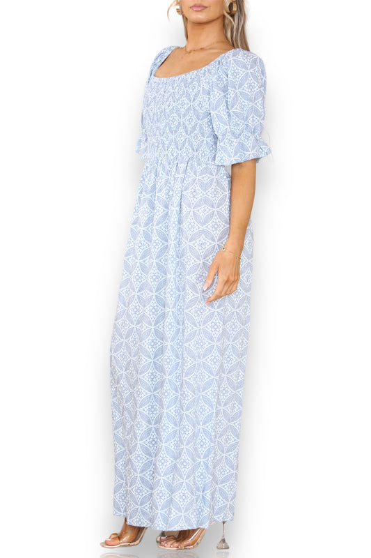 Ditsy Geometric Floral Bardot Maxi Dress - Light Blue
