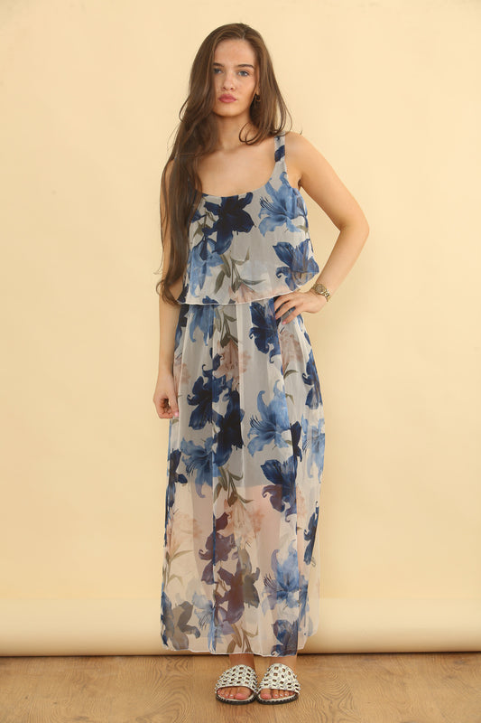 Floaty Tier Floral Print Sleeveless Dress - Navy