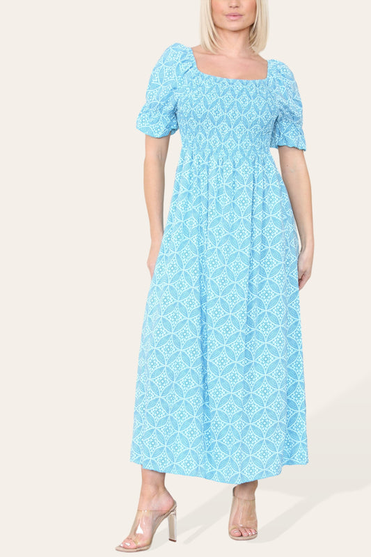 Ditsy Geometric Floral Bardot Maxi Dress - Turquoise