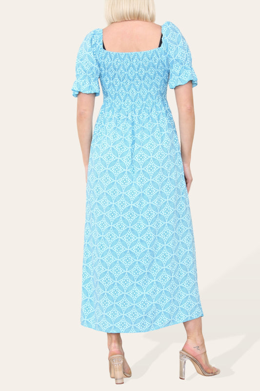 Ditsy Geometric Floral Bardot Maxi Dress - Turquoise