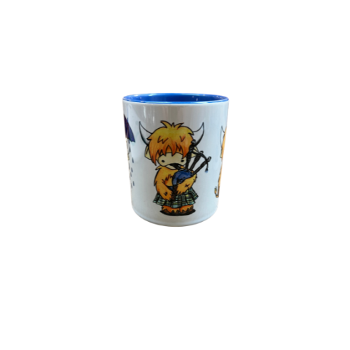 White mug with blue interior featuring a cartoon character playing the bagpipes