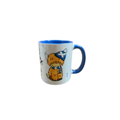 Mug with cartoon character wearing a blue hat