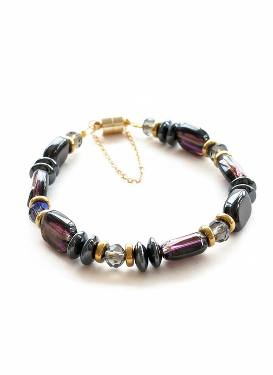 Hematite, Glass & Crystal Bracelet in Purple and Bracelet