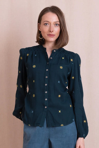 Embroidered Tuck Detail Shirt - Teal