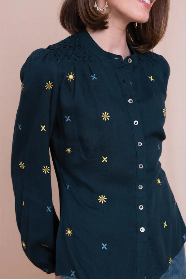 Embroidered Tuck Detail Shirt - Teal