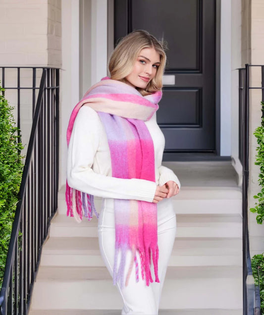 Elaine - Pink Checked Oversized Winter Scarf