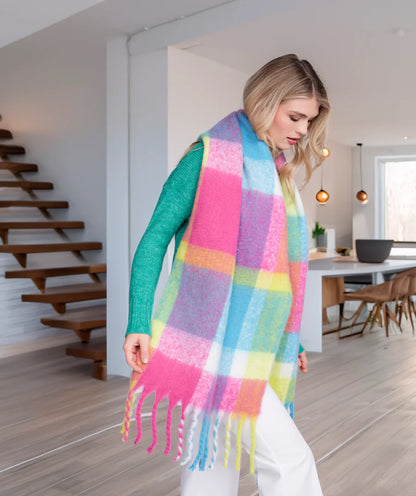 Emily - Pink Blue Check Pattern Blanket Scarf