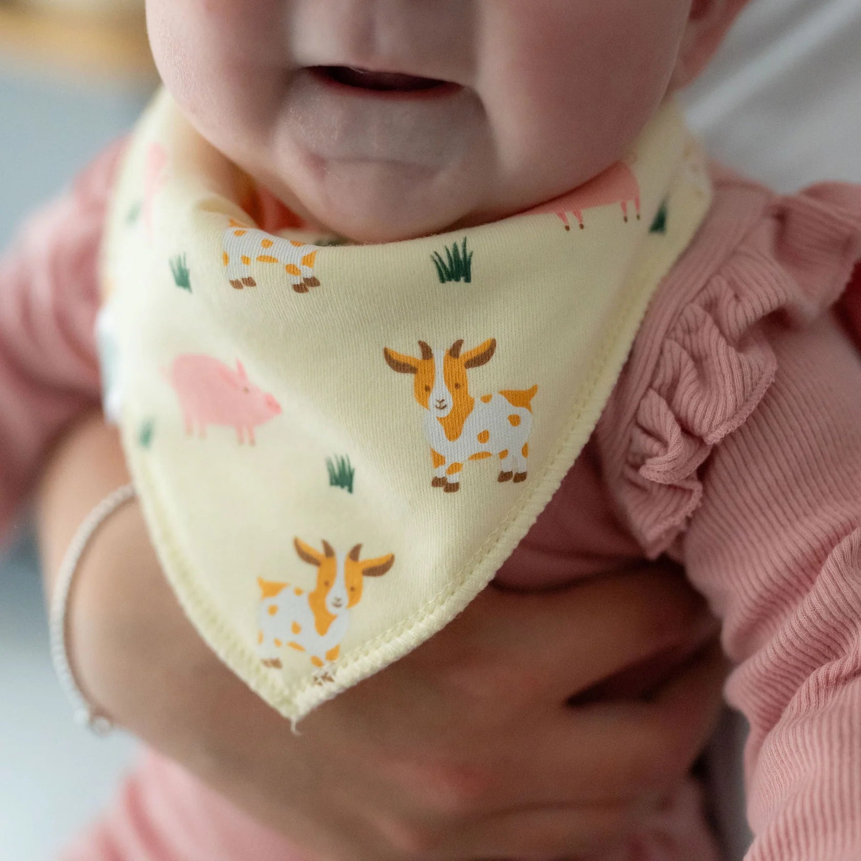 Baby wearing a bib with animal patterns and a pink outfit.