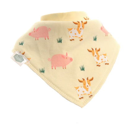 Yellow bandana bib with farm animal pattern