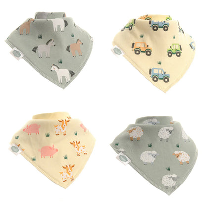 Four baby bibs with animal and vehicle patterns