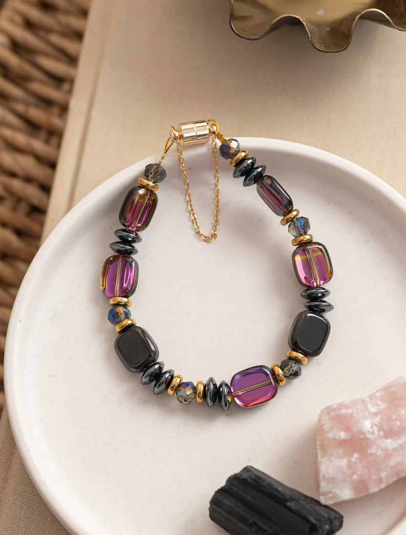 Hematite, Glass & Crystal Bracelet in Purple and Bracelet