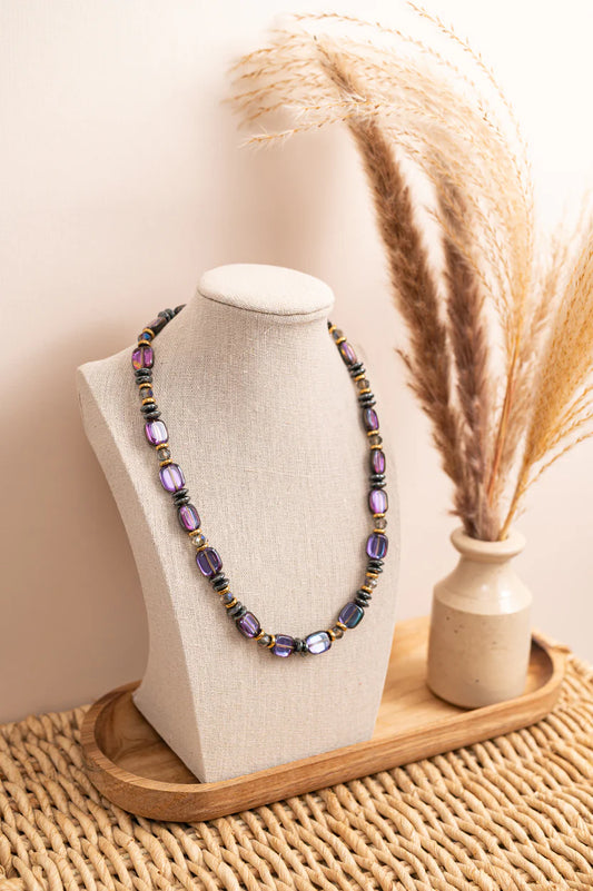 Hematite, Glass & Crystal Coloured Necklace in Purple and Gunmetal