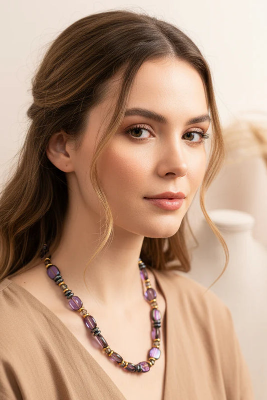 Hematite, Glass & Crystal Coloured Necklace in Purple and Gunmetal