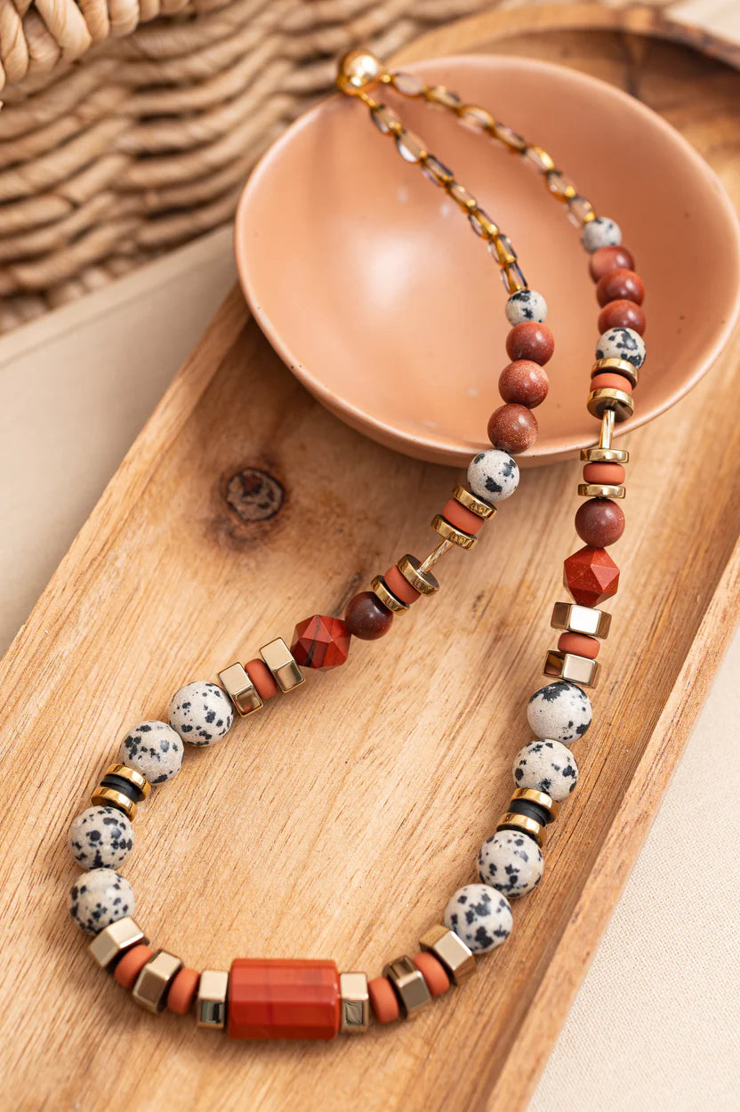 Dalmatian Jasper & Sandstone Barrel Necklace