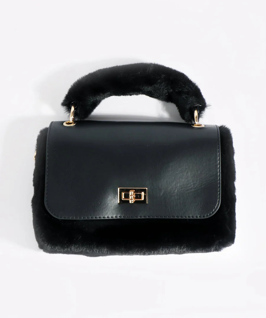 Hepburn - Black Faux Fur Crossbody Bag