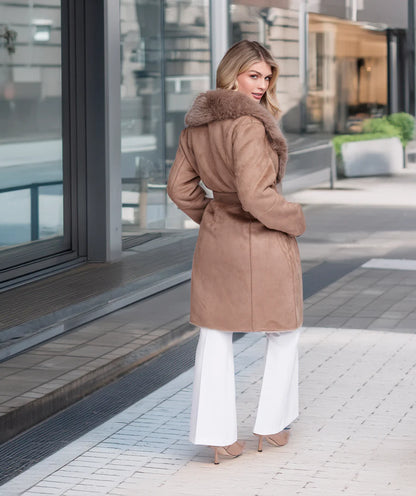 Isabella - Taupe Faux Suede Longline Coat with Faux Fur Trim