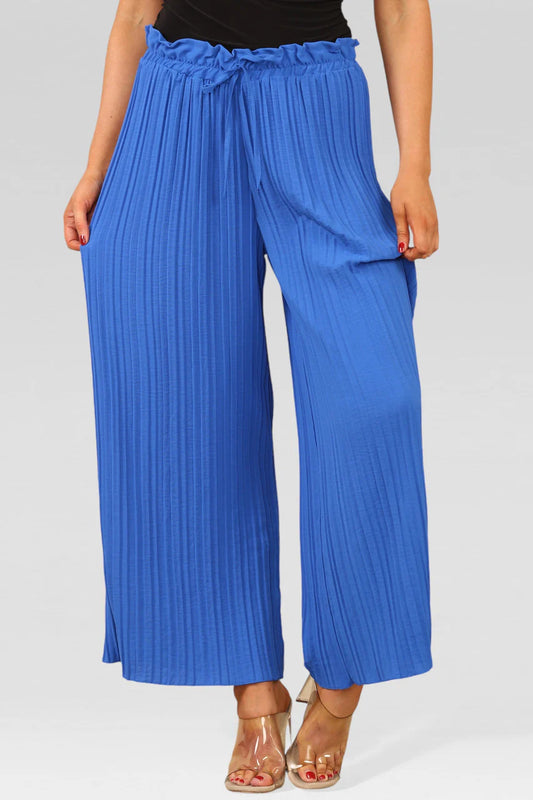 Wide Leg Plisse Pleated Elasticated Waist Trousers - Royal Blue