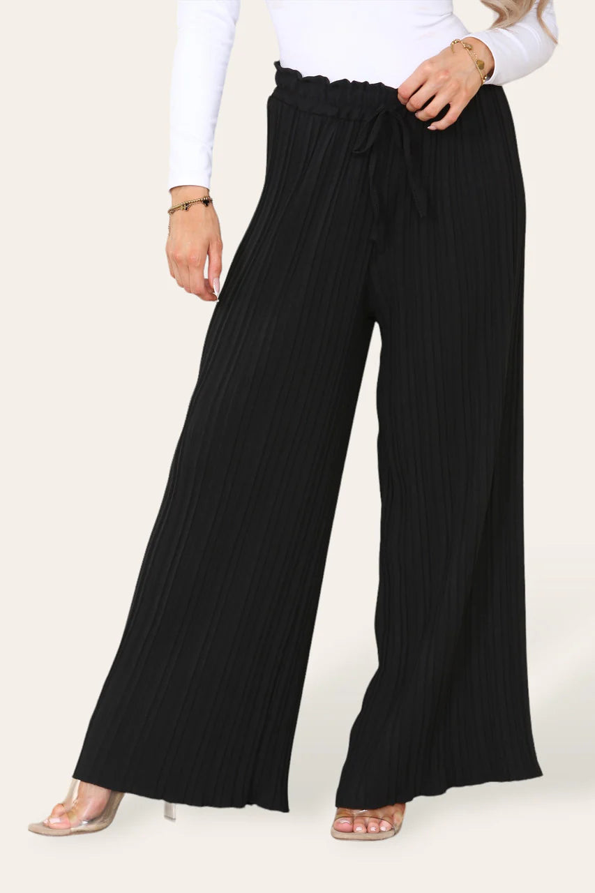 Black pleated wide-leg pants worn by a person