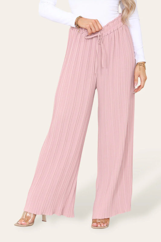 Wide Leg Plisse Pleated Elasticated Waist Trousers - Dusty Pink