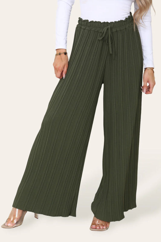 Wide Leg Plisse Pleated Elasticated Waist Trousers - Khaki