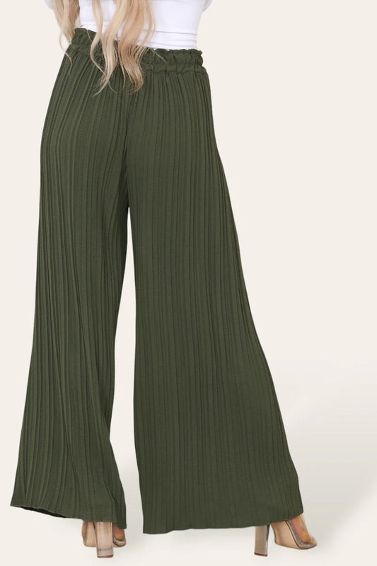 Wide Leg Plisse Pleated Elasticated Waist Trousers - Khaki