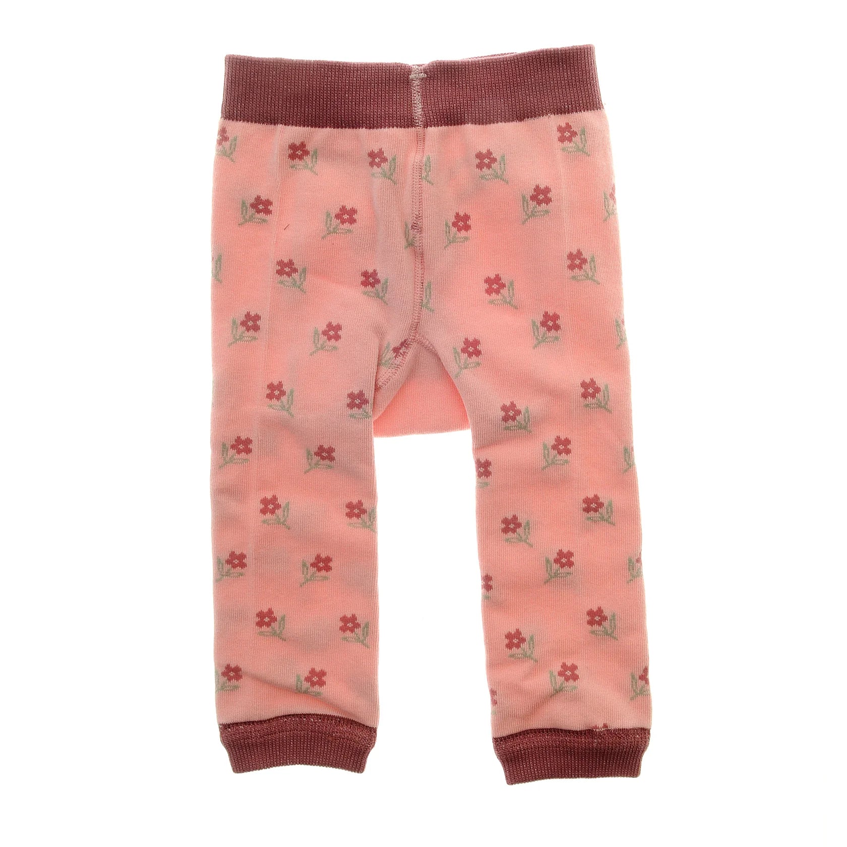 Pink baby leggings with floral pattern and maroon cuffs