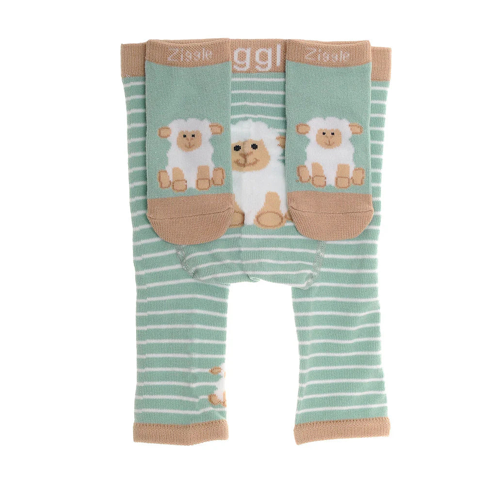 Green striped baby leggings with sheep design