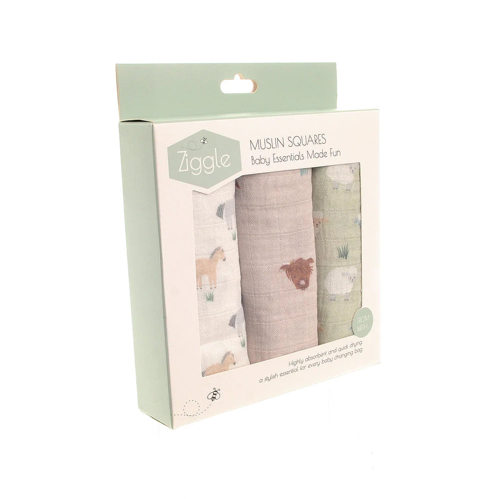 Packaged muslin squares with animal patterns in a Ziggle branded box