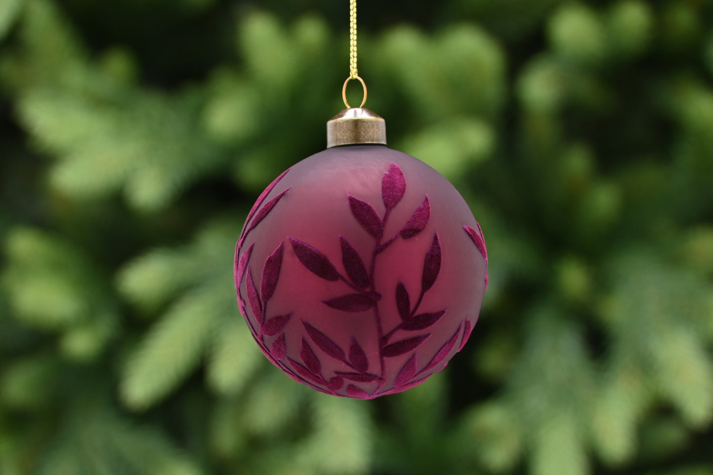 Burgundy Glass Ball with Flock Leaf Bauble