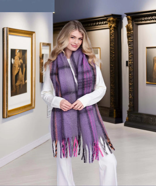 Robyn - Purple Check Blanket Scarf with Fringed Trim