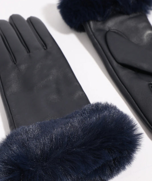 Roma - Navy Lined Leather Gloves with Faux Fur Cuff
