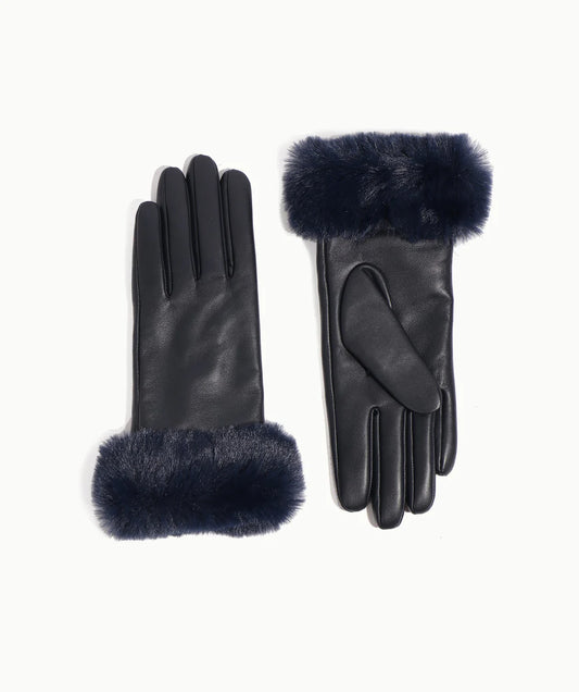 Roma - Navy Lined Leather Gloves with Faux Fur Cuff
