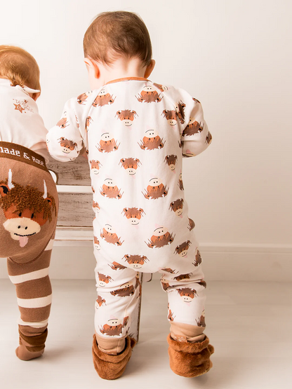 Neutral Highland Cow Zip-Up Romper