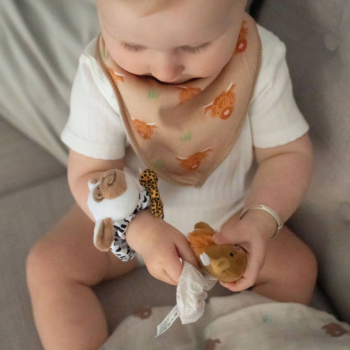 Baby wearing a bib with animal prints and holding a toy, sitting on a soft surface.