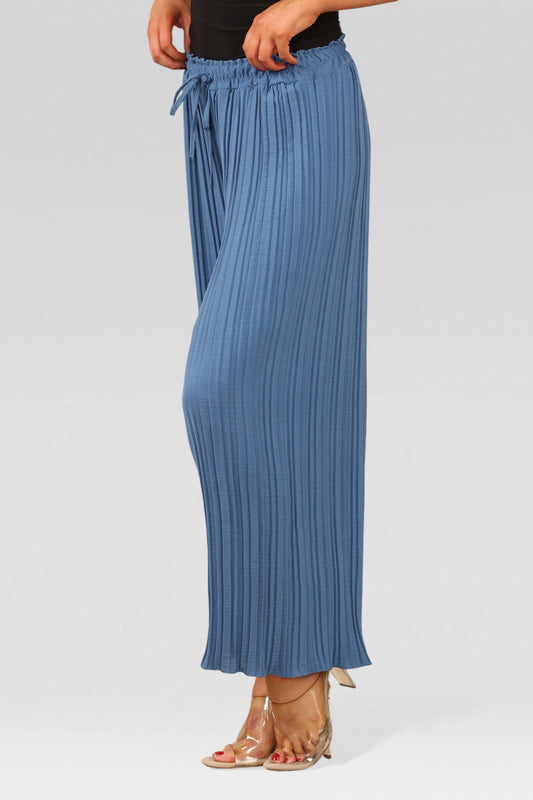 Wide Leg Plissé Pleated Trousers - Denim