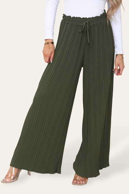 Wide Leg Plissé Pleated Trousers - Khaki
