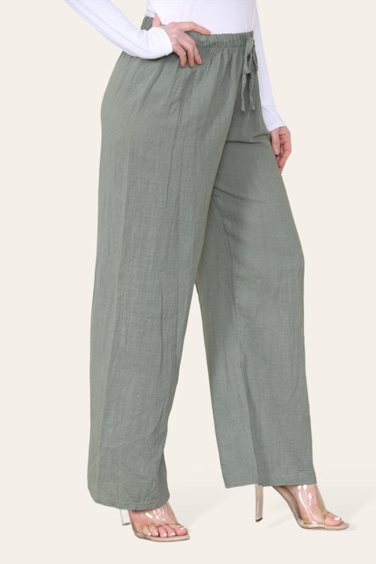 Elasticated Waist Cotton Trousers - Khaki