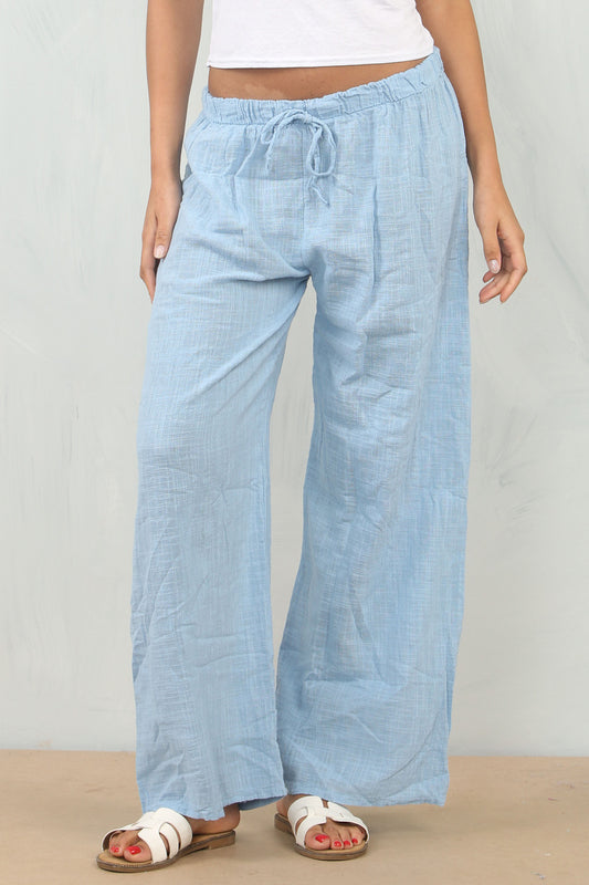 Elasticated Waist Cotton Trousers - Light Blue