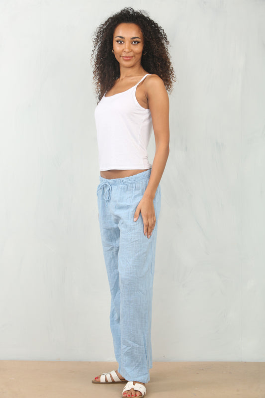 Elasticated Waist Cotton Trousers - Light Blue