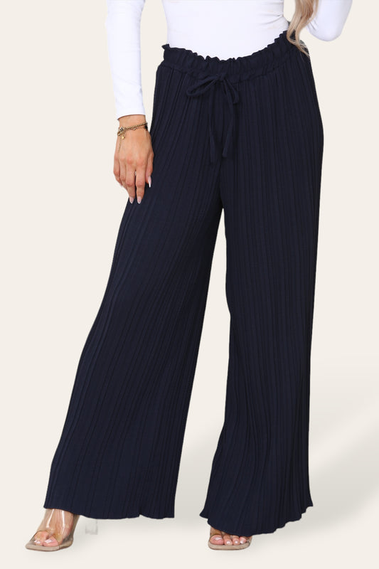 Wide Leg Plissé Pleated Trousers - Navy