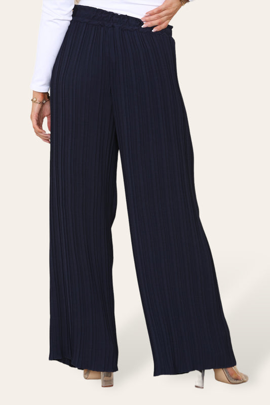 Wide Leg Plissé Pleated Trousers - Navy