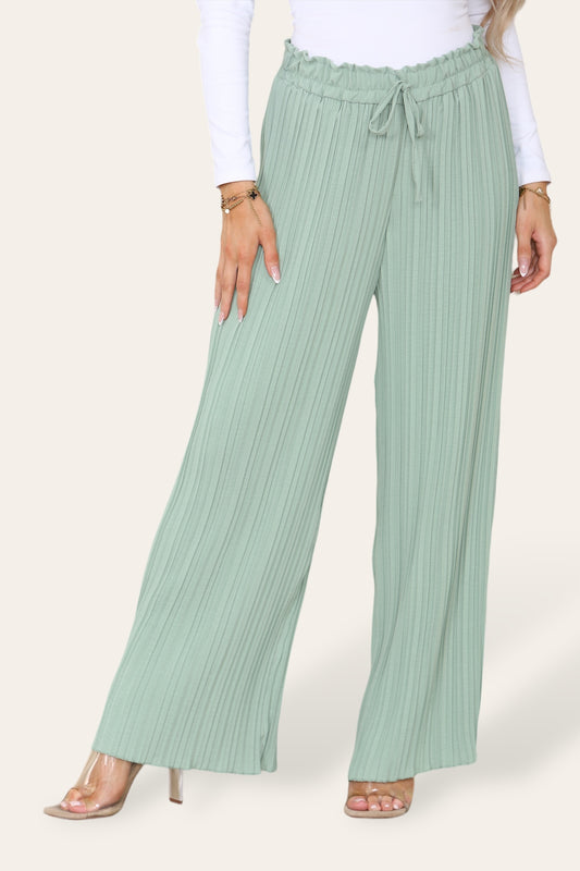 Wide Leg Plissé Pleated Trousers - Sage Green