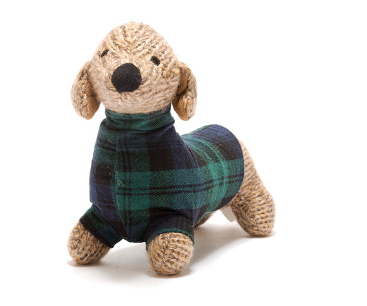Knitted Sausage Dog Soft Toy in Tartan Coat