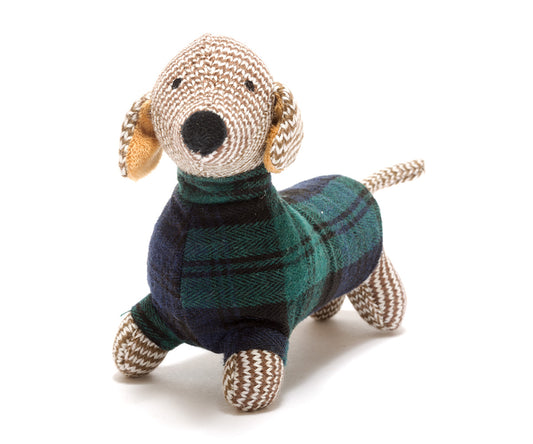 Knitted Sausage Dog Baby Rattle in Tartan Coat