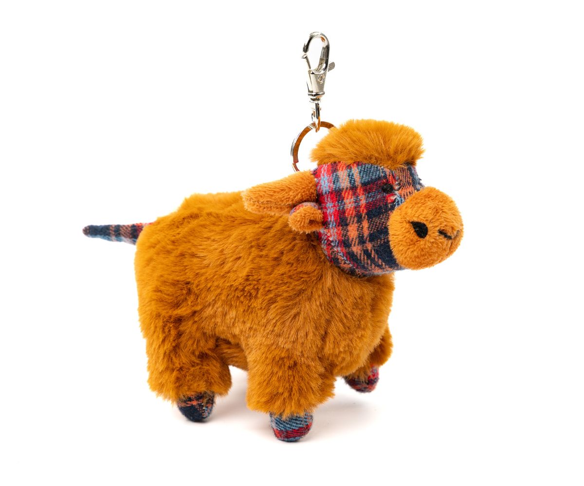 Plush keychain in the shape of a brown animal with a plaid scarf